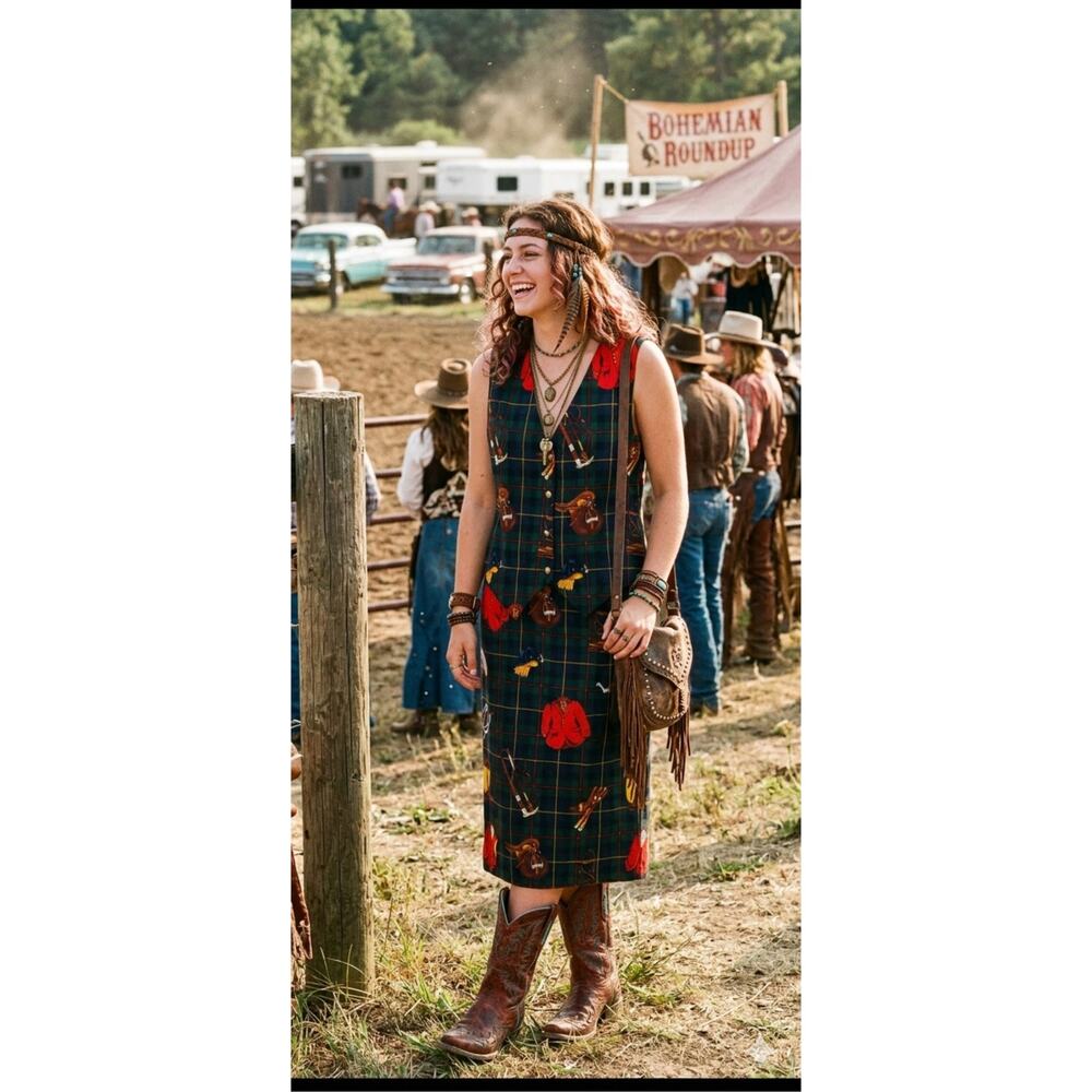 Vintage Handmade Equestrian Print Vest And Maxi Skirt Set Est Small‎ Medium